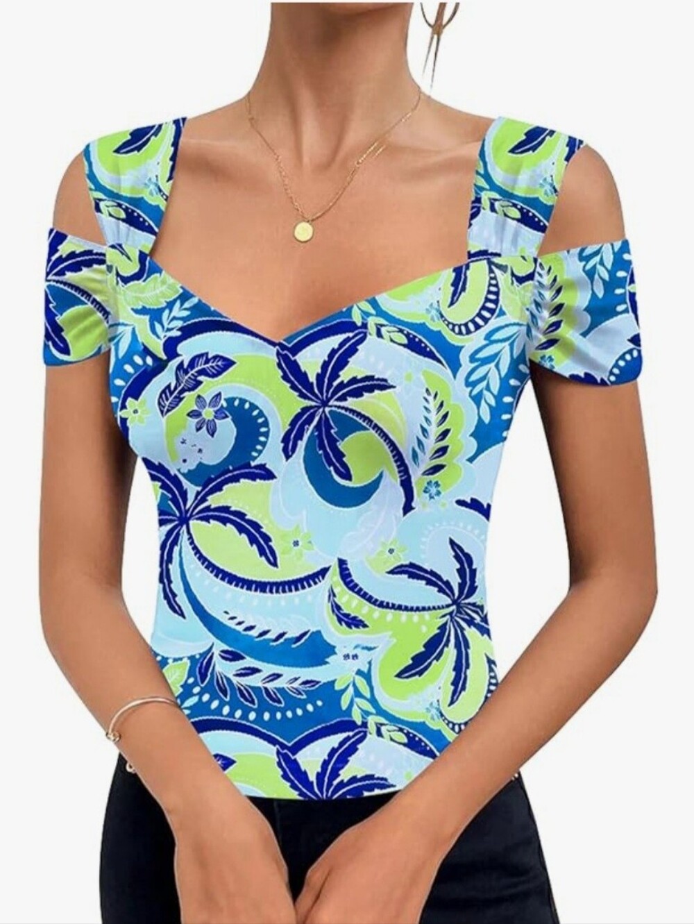 Cold-Shoulder V-Neck Tropical Print Top in Blue & Lime
